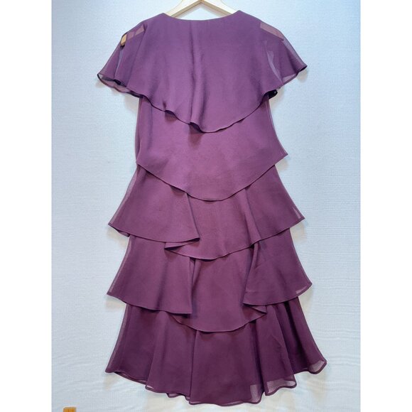 SLNY Womens Tiered Ruffle Midi Dress Size 4 Plum Flutter Sleeves Chiffon V-Neck - Picture 11 of 14